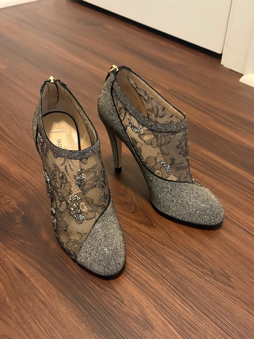 Valentino Garavani Black and Silver Glitter Peep-Toe Stilettos